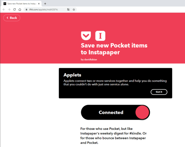 Capture d'écran du site web IFTTT, applet "Save new Pocket items to Instapaper".