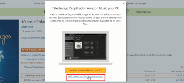 Capture d'écran du site Amazon.fr, télécharger directement les fichiers MP3 achetés.