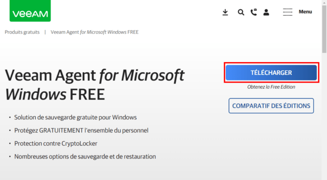 Capture d'écran du site web Veeam.com, bouton Télécharger Agent for Microsoft Windows Free