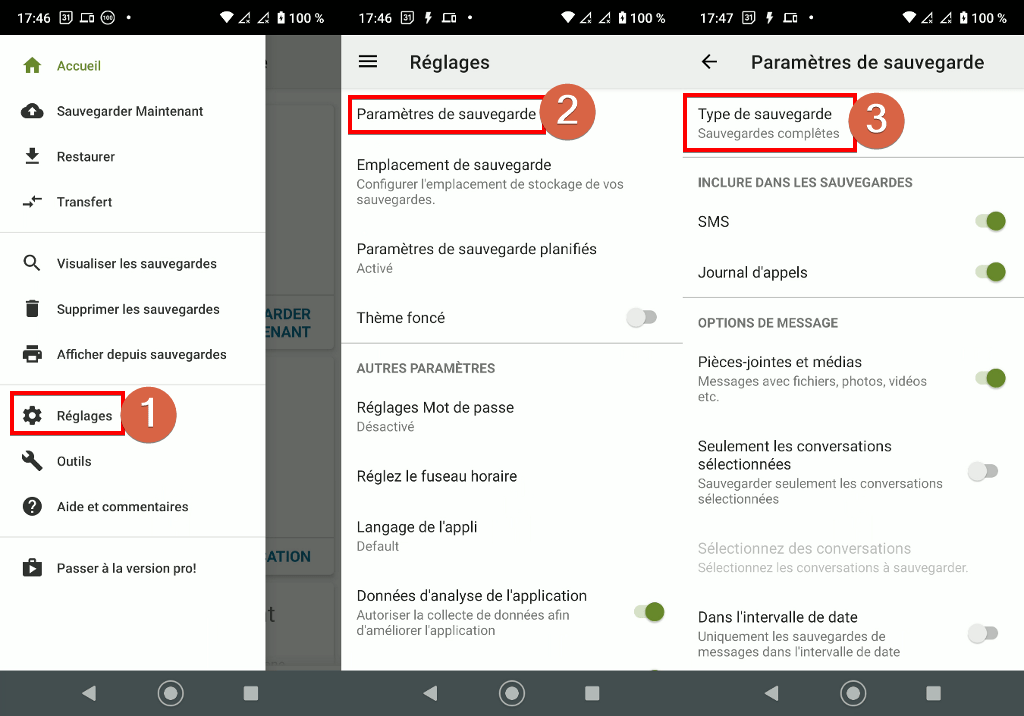 Capture d'écran de l'application Android SMS Backup & Restore, choix du type de sauvegarde.