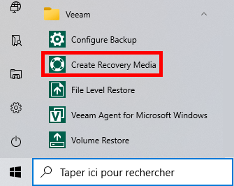 Capture d'écran des raccourcis Veeam dans le menu démarrer Windows
