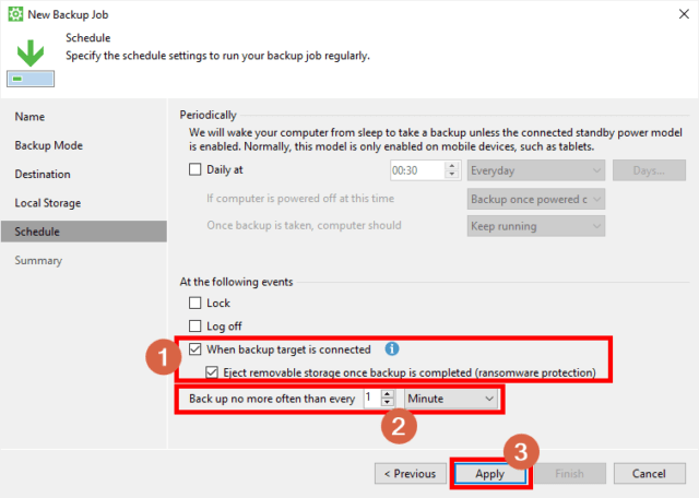 Capture d'écran de l'application Veeam Agent for Microsoft Windows, New Backup Job onglet Schedule