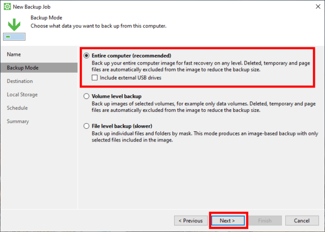 Capture d'écran de l'application Veeam Agent for Microsoft Windows, New Backup Job onglet Backup Mode : Entire computer choisi