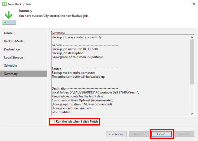 Capture d'écran de l'application Veeam Agent for Microsoft Windows, New Backup Job onglet Summary