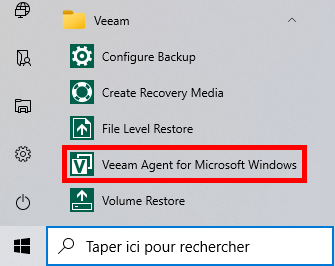 Capture d'écran des raccourcis Veeam dans le menu démarrer Windows