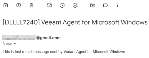 Capture d'écran de l'application Veeam Agent for Microsoft Windows, mail de test reçu