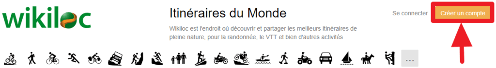 Capture d'écran du site Wikiloc, bouton "créer un compte"