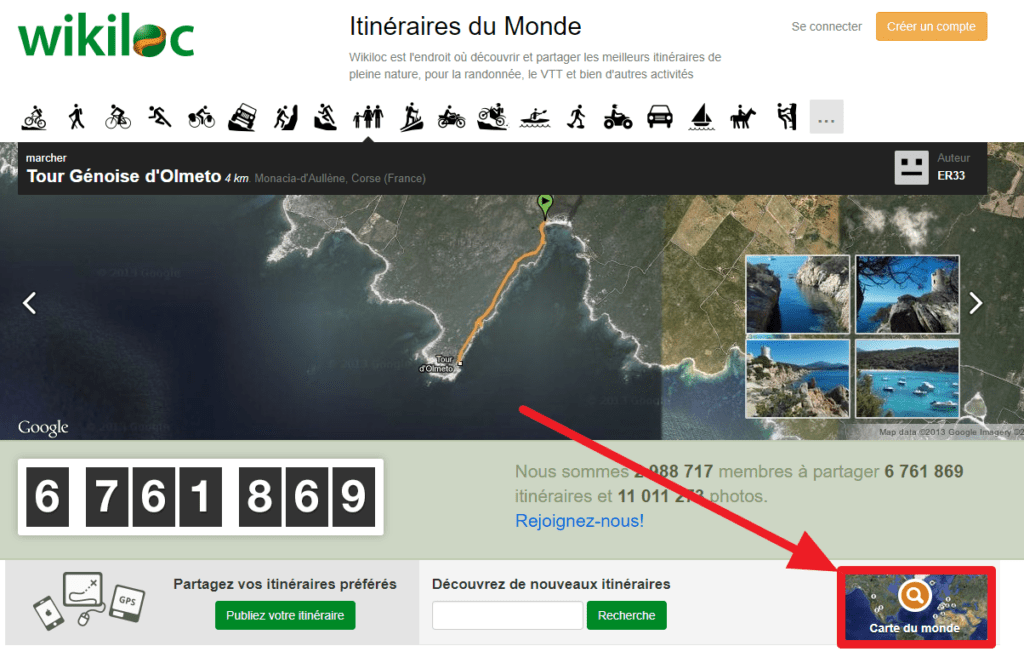 Capture d'écran du site web Wikiloc, bouton carte du monde.