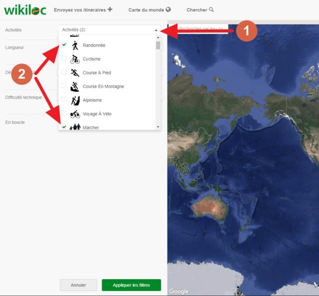 Capture d'écran du site Wikiloc, filtre "activités".