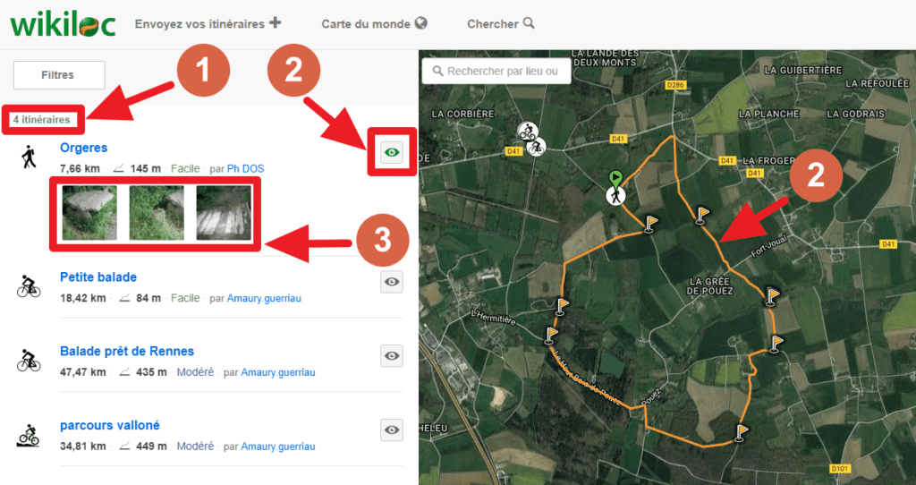 Capture d'écran du site Wikiloc, liste itinéraires.