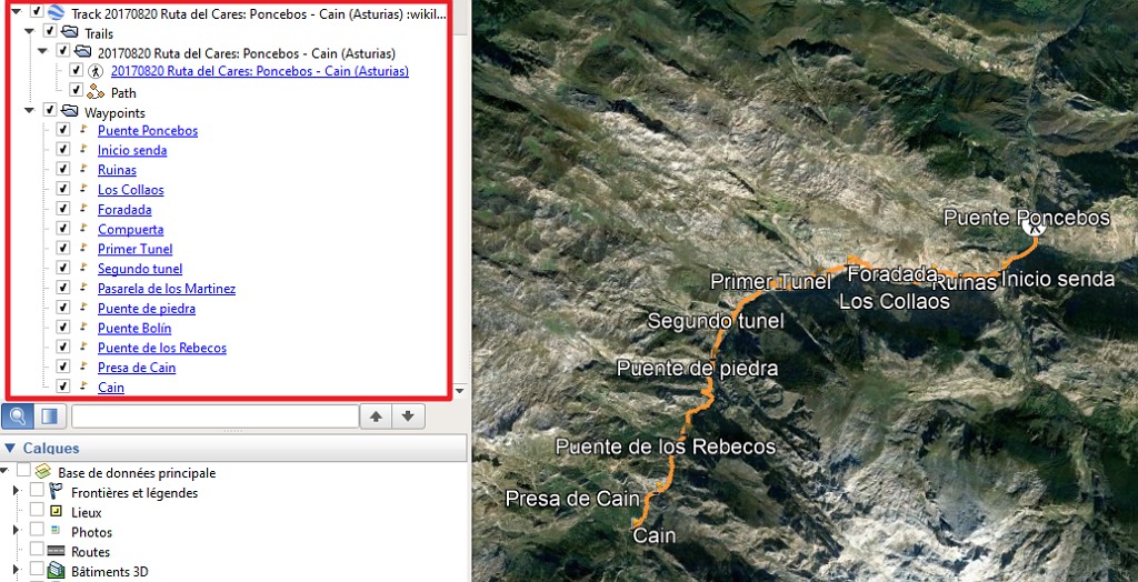 Capture d'écran de l'application Google Earth montrant un fichier Wikiloc ouvert.