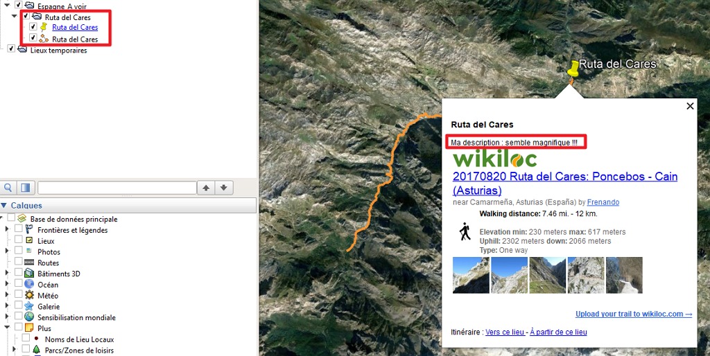 Capture d'écran de l'application Google Earth avec fichier Wikiloc ouvert et nettoyé.