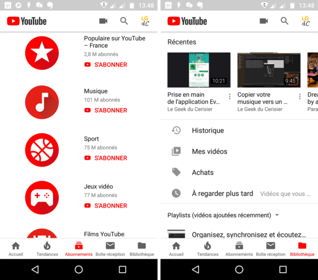 Capture d'écran de l'application Android YouTube qui permets de regarder des vidéos via internet