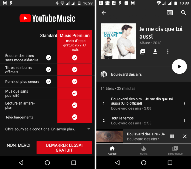 Capture d'écran de l'application YouTube Music