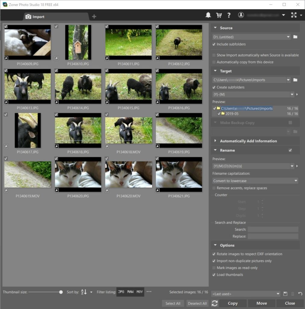 Capture d'écran de l'application Zoner Photo Studio; module d'import.